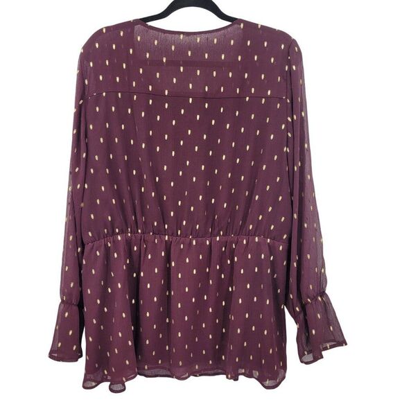 Lane Bryant Blouse Plus Sz 18 Wine Foil-Dot Button-Front Peplum Long-Sleeve - Picture 8 of 11